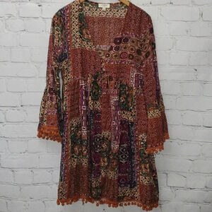 Umgee Patchwork Midi Dress in Burgundy, Rust & Olive